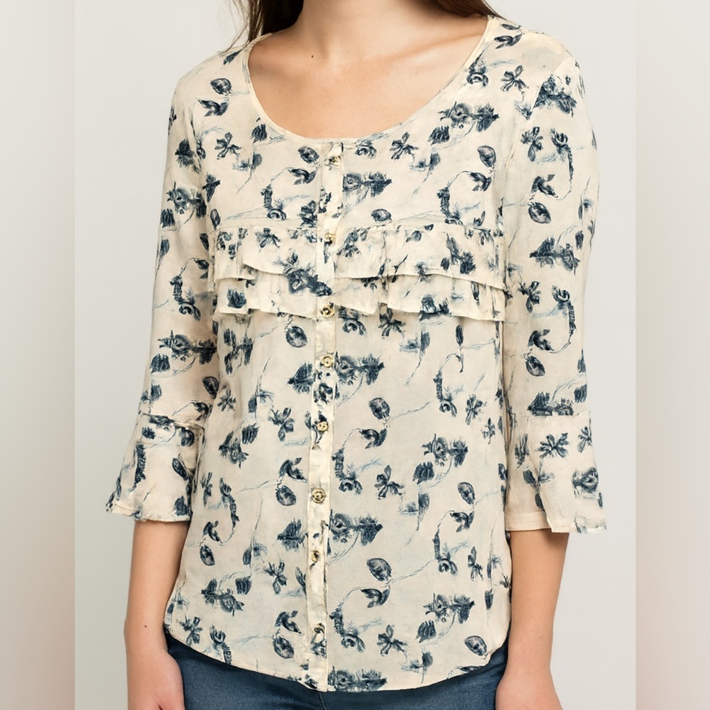 Ember Floral Ruffle Blouse Medium | Cream Navy Button Front Cottagecore